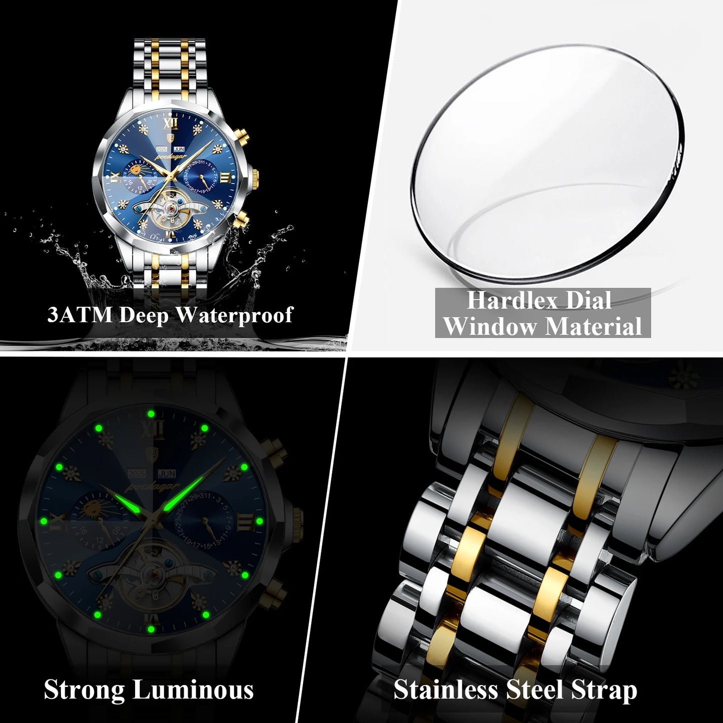 Poedagar 1422 Men Luxury Hollow Tourbillon Stainless Steel Waterproof Automatic Mechanical Wrist Watch