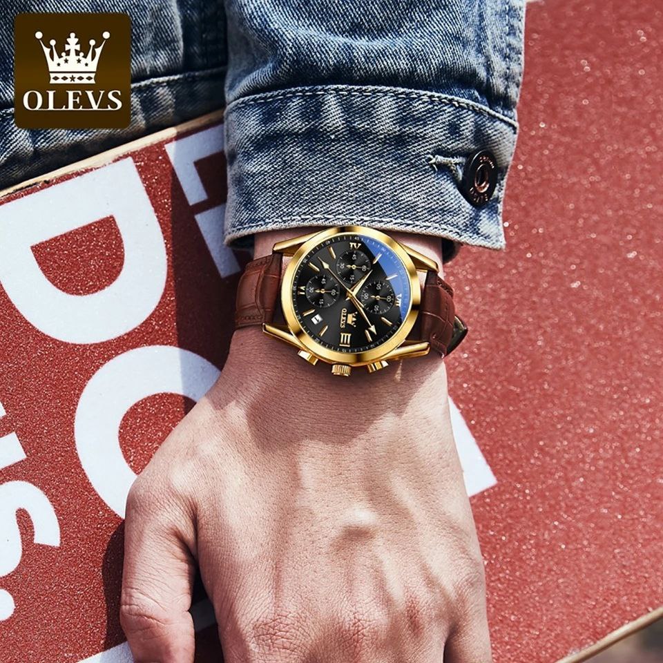 Olevs New 2872 Leather Multi Function Chronograph Men's Watch Waterproof Quartz Watch Luxury Gold Sports Watch