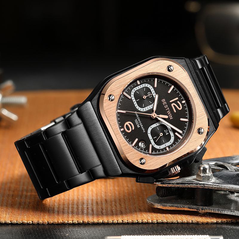 Luxury Stainless Steel Waterproof Men Quartz Watch BESTWIN L Top Brand Steel Quartz Clock Waterproof Chronograph
