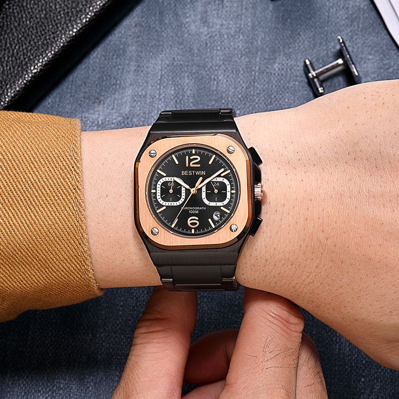 Luxury Stainless Steel Waterproof Men Quartz Watch BESTWIN L Top Brand Steel Quartz Clock Waterproof Chronograph