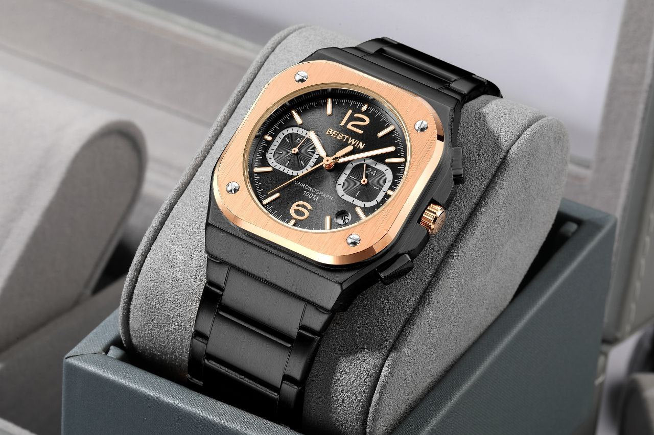 Luxury Stainless Steel Waterproof Men Quartz Watch BESTWIN L Top Brand Steel Quartz Clock Waterproof Chronograph