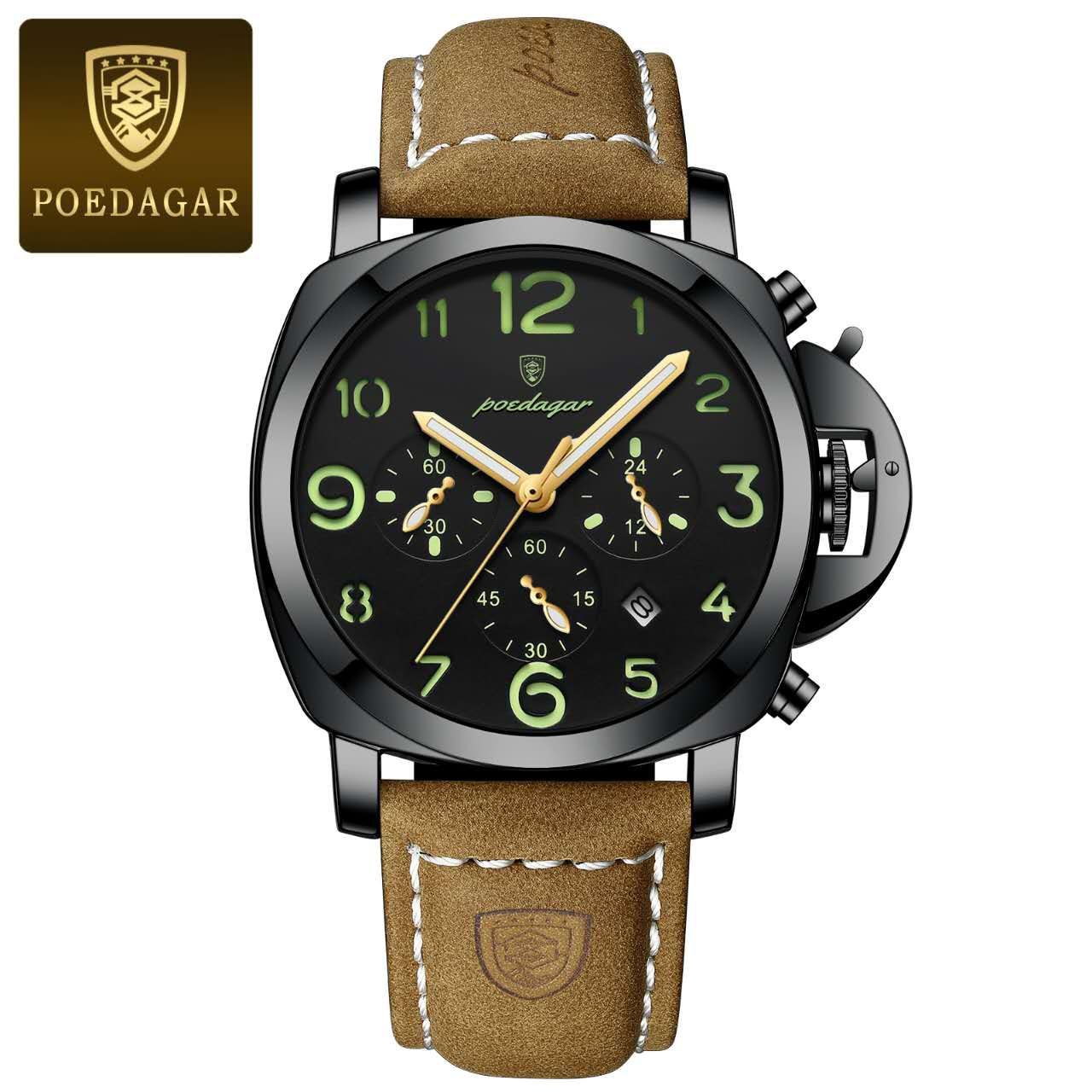 New Sports Chronograph Mens Quartz POEDAGAR 859 Watches Luminous Waterproof Mens watch Luxury Leather Watch for Men
