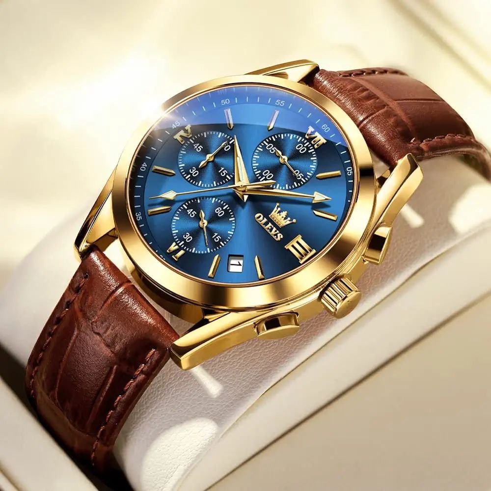 Olevs New 2872 Leather Multi Function Chronograph Men's Watch Waterproof Quartz Watch Luxury Gold Sports Watch