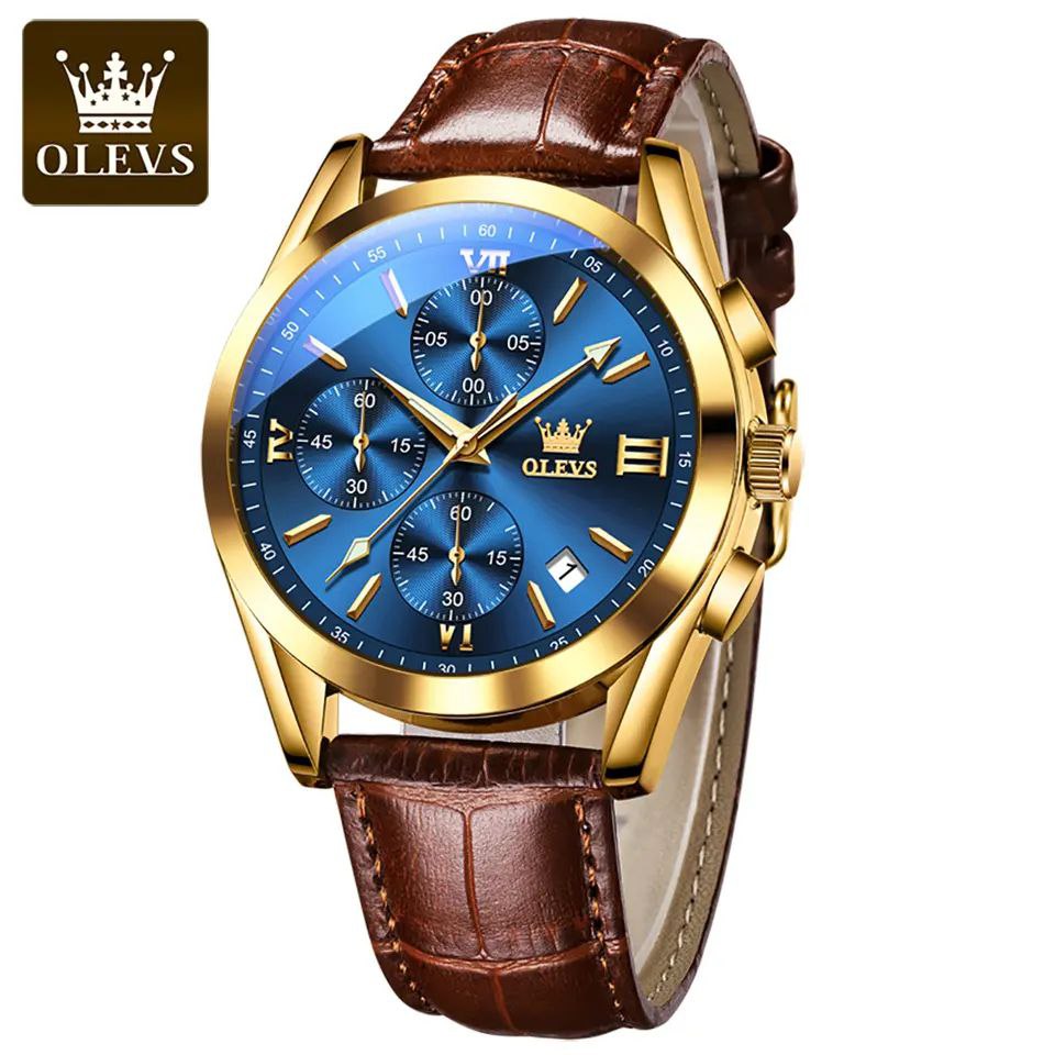 Olevs New 2872 Leather Multi Function Chronograph Men's Watch Waterproof Quartz Watch Luxury Gold Sports Watch