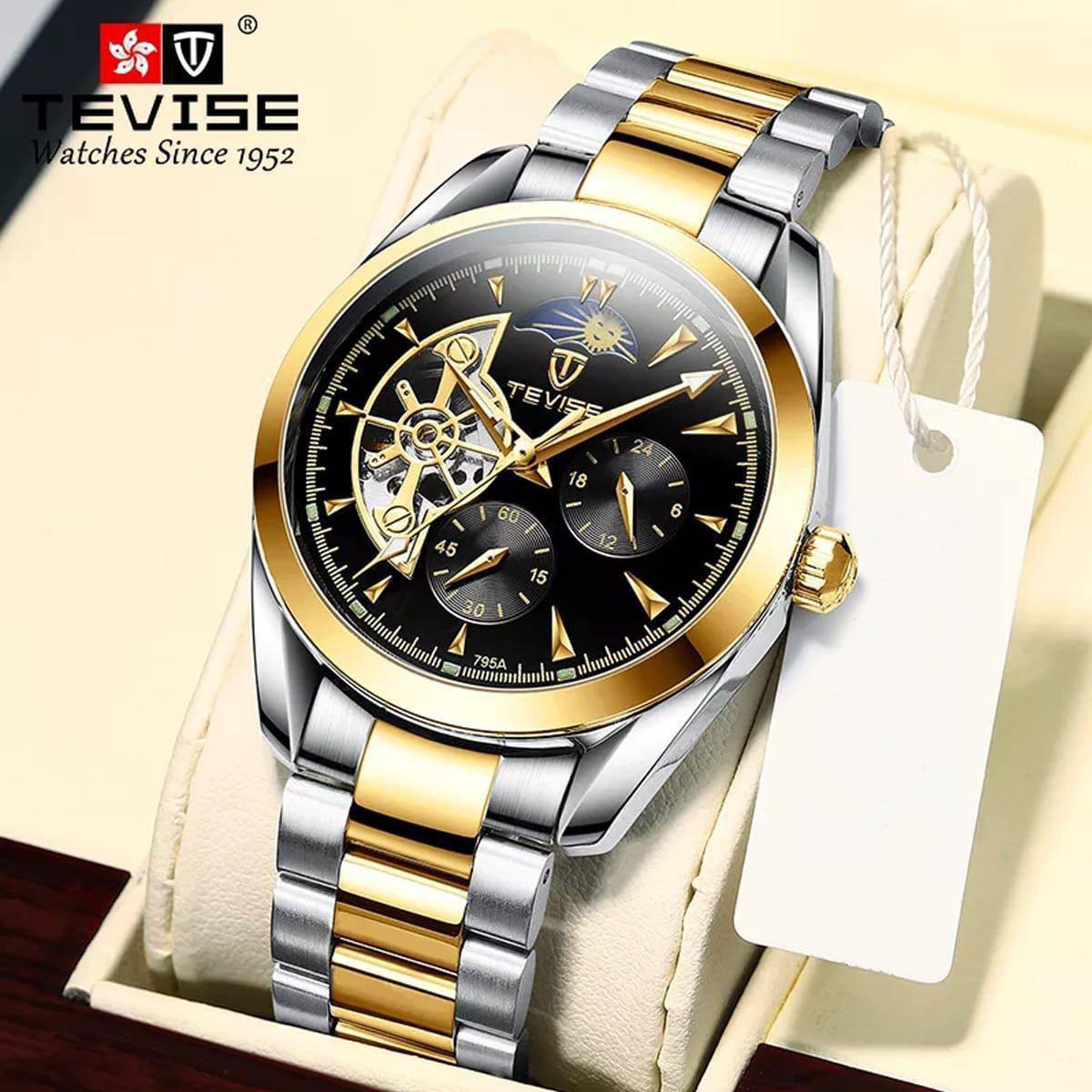 Mechanical Automatic Luminous Hands TEVISE 795S Watch Waterproof Men Business Moon and Sun Phase Design Wristwatch