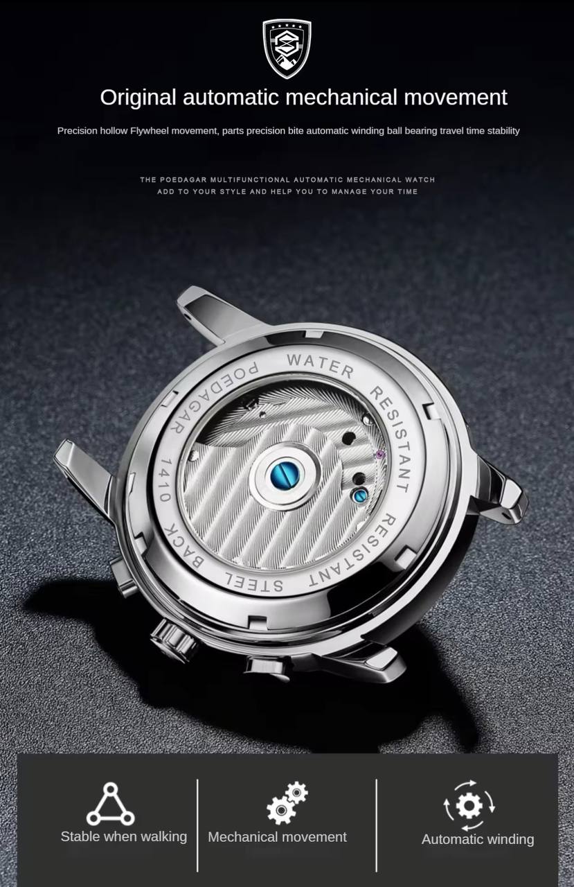 Tourbillon Mechanical POEDAGAR 1410 Moon Phase Date Display Clock Luxury Automatic Movement Hollow Out Watches For Men