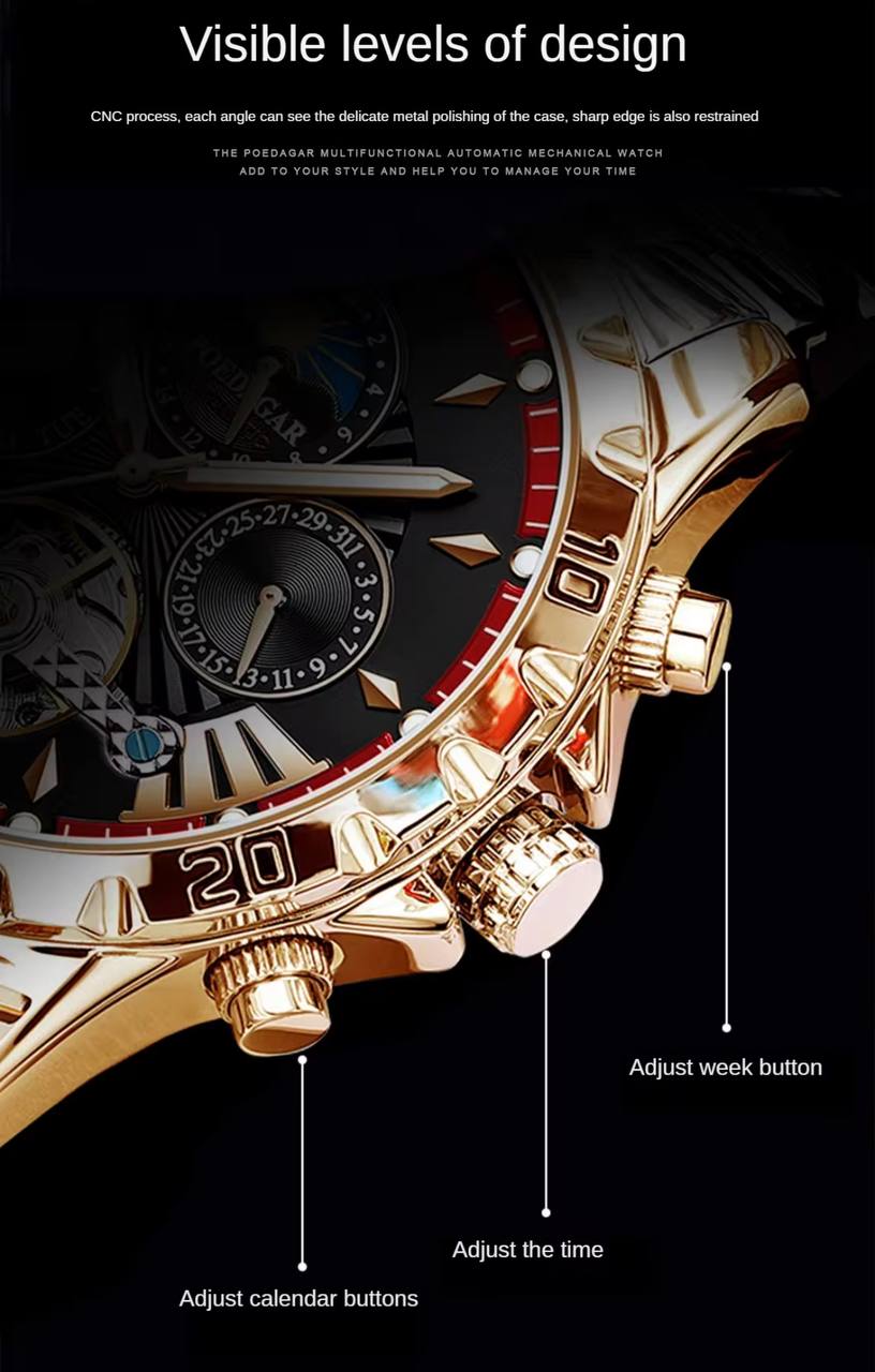 Tourbillon Mechanical POEDAGAR 1410 Moon Phase Date Display Clock Luxury Automatic Movement Hollow Out Watches For Men