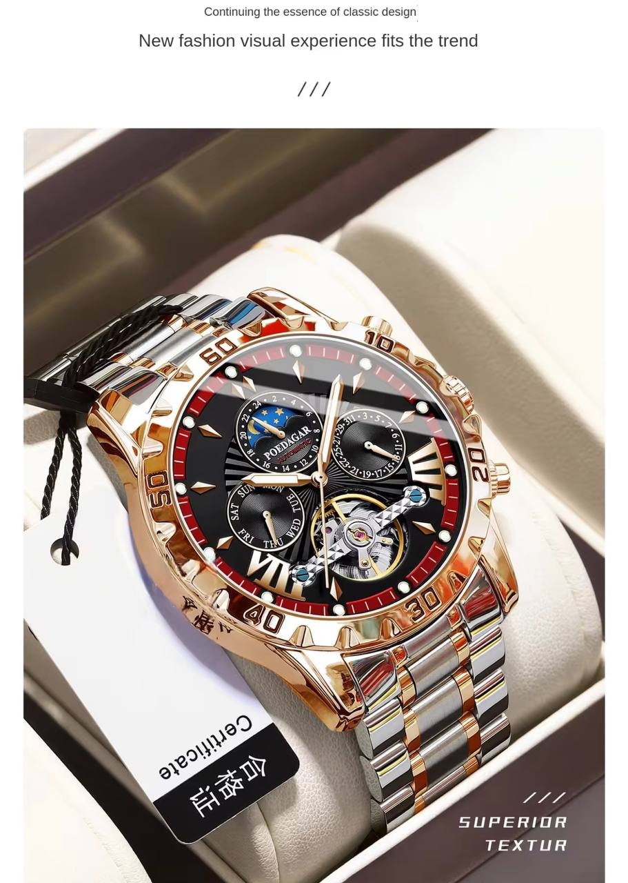 Tourbillon Mechanical POEDAGAR 1410 Moon Phase Date Display Clock Luxury Automatic Movement Hollow Out Watches For Men