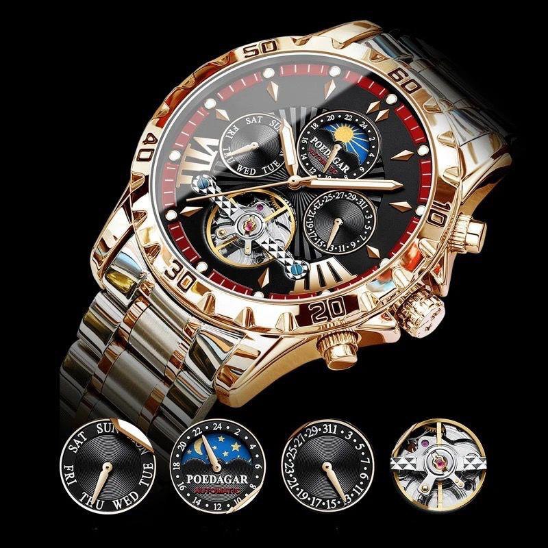 Tourbillon Mechanical POEDAGAR 1410 Moon Phase Date Display Clock Luxury Automatic Movement Hollow Out Watches For Men