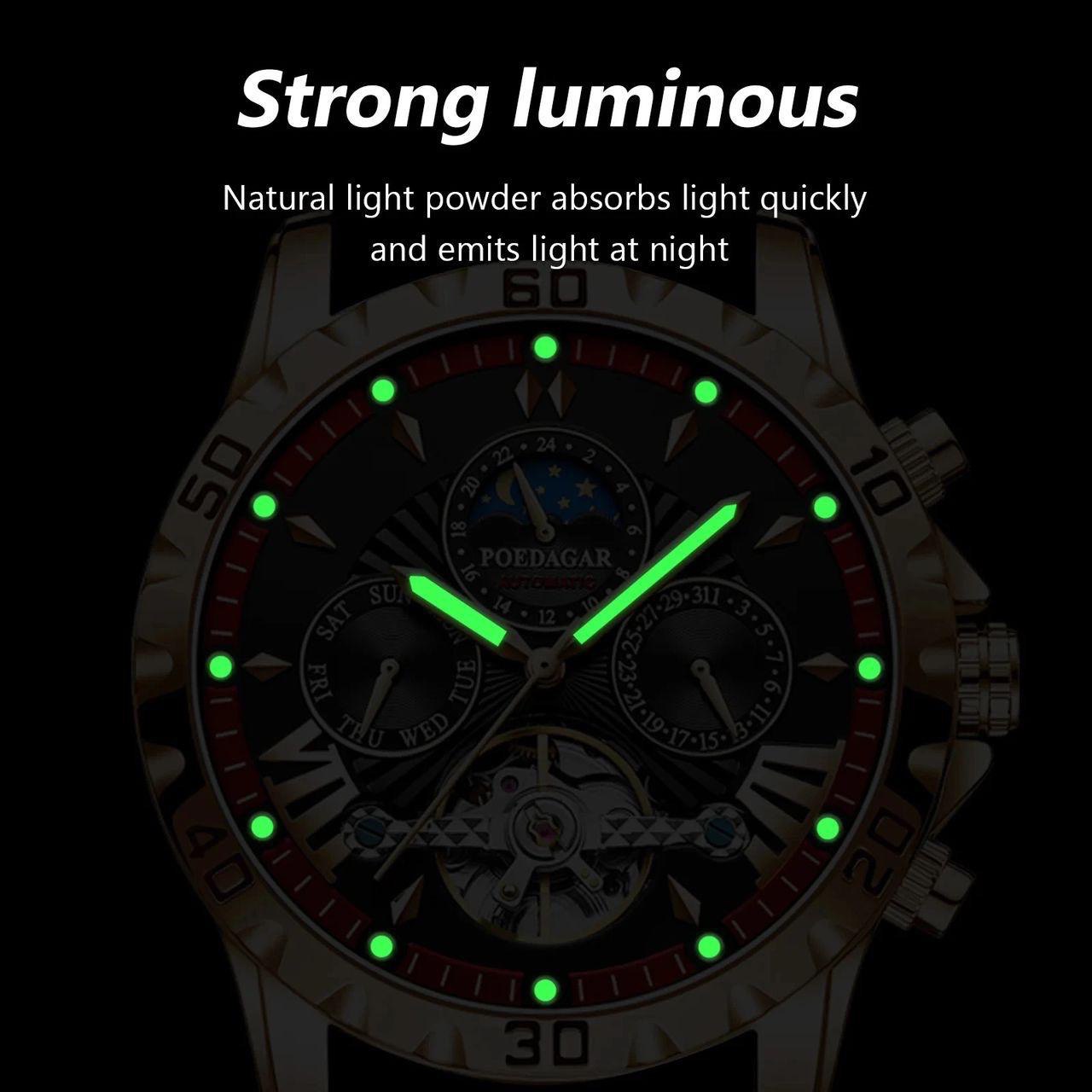 Tourbillon Mechanical POEDAGAR 1410 Moon Phase Date Display Clock Luxury Automatic Movement Hollow Out Watches For Men