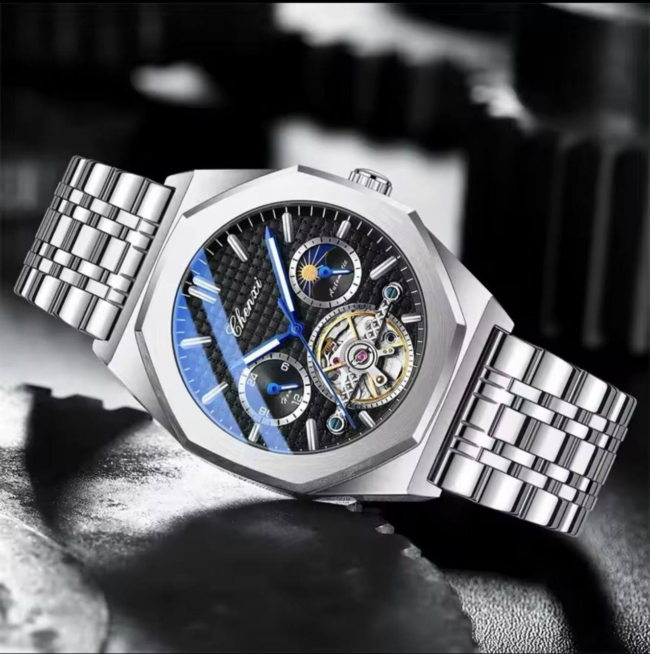 Men Tourbillon Watches Luxury Casual Fashion skeleton Automatic Mechanical CHENXI 8814 Wristwatch Male Moon Phase