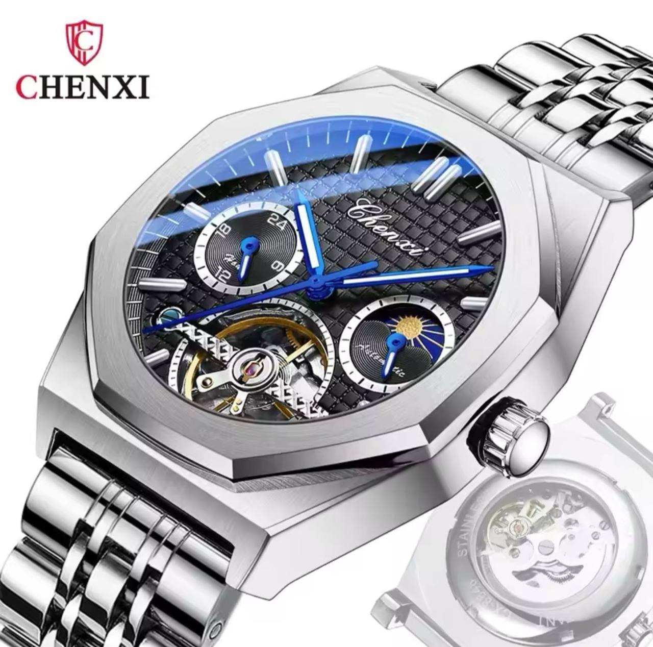 Men Tourbillon Watches Luxury Casual Fashion skeleton Automatic Mechanical CHENXI 8814 Wristwatch Male Moon Phase