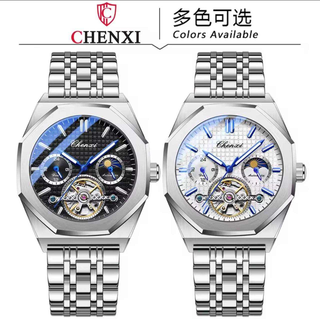 Men Tourbillon Watches Luxury Casual Fashion skeleton Automatic Mechanical CHENXI 8814 Wristwatch Male Moon Phase