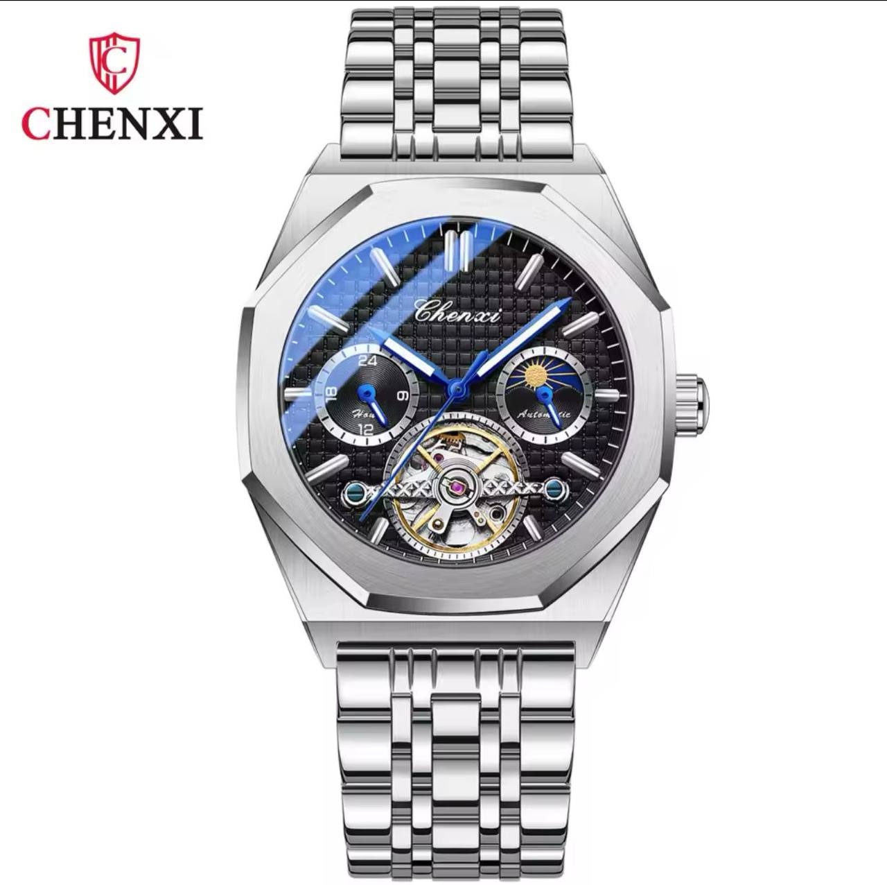 Men Tourbillon Watches Luxury Casual Fashion skeleton Automatic Mechanical CHENXI 8814 Wristwatch Male Moon Phase