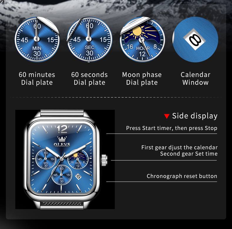 Fashion Quartz Wristwatch OLEVS 9914 Mesh Steel Men's Watches Original Waterproof Luminous Moon Phase Chronograph Square Watch