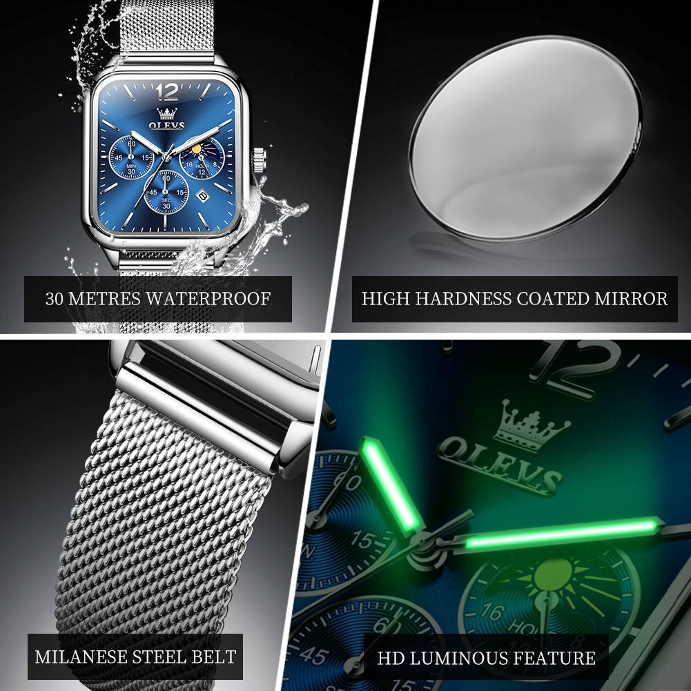 Fashion Quartz Wristwatch OLEVS 9914 Mesh Steel Men's Watches Original Waterproof Luminous Moon Phase Chronograph Square Watch