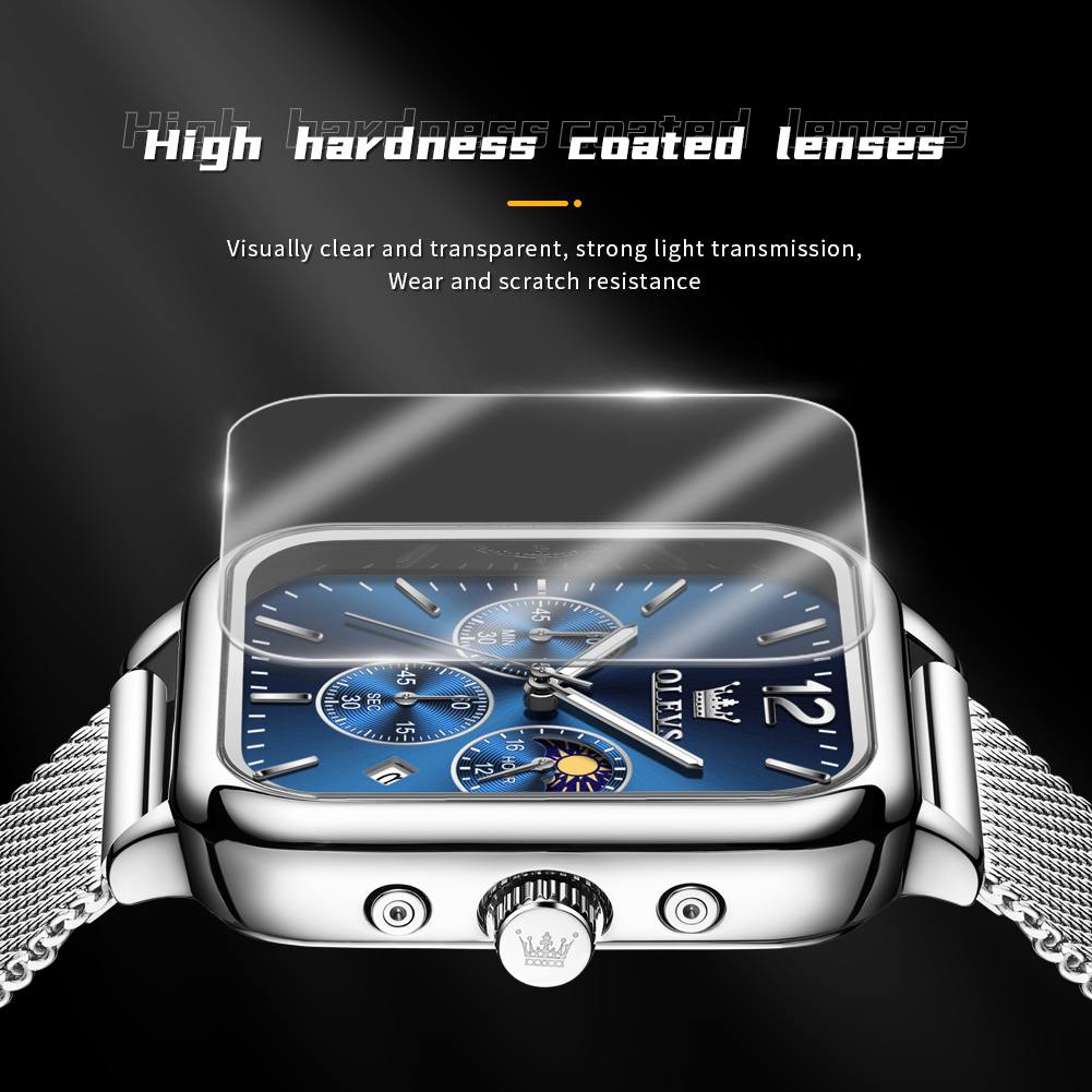 Fashion Quartz Wristwatch OLEVS 9914 Mesh Steel Men's Watches Original Waterproof Luminous Moon Phase Chronograph Square Watch