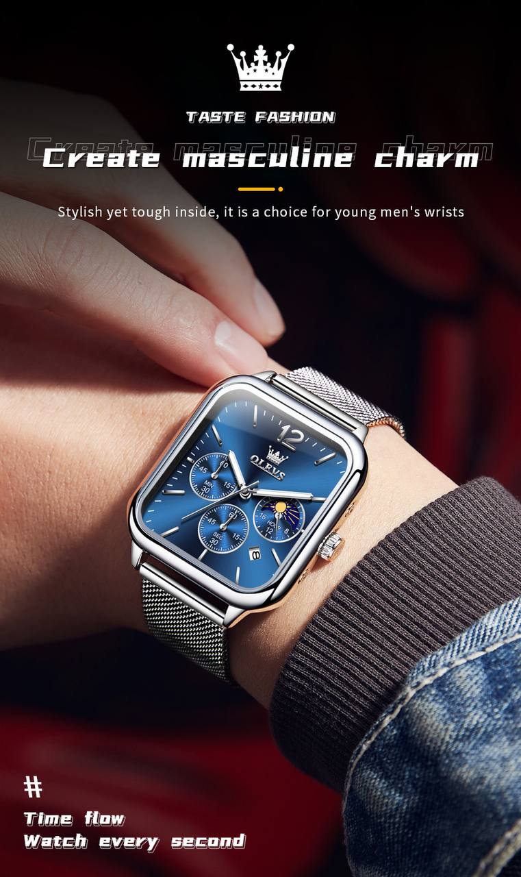 Fashion Quartz Wristwatch OLEVS 9914 Mesh Steel Men's Watches Original Waterproof Luminous Moon Phase Chronograph Square Watch