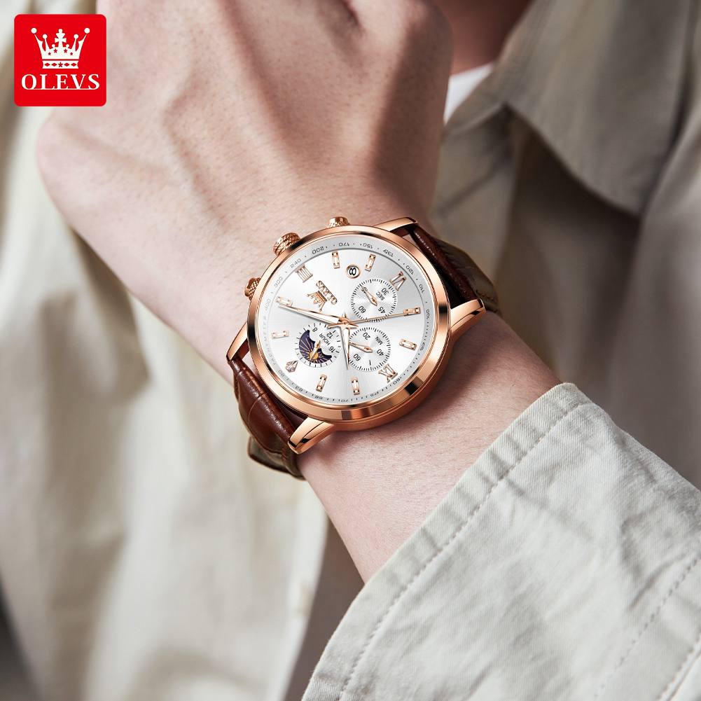 Wristwatches Genuine Leather Belt OLEVS 9812 Luminous Original Luxury Watches Men Waterproof Men's Quartz Moon Phase Sport Watch