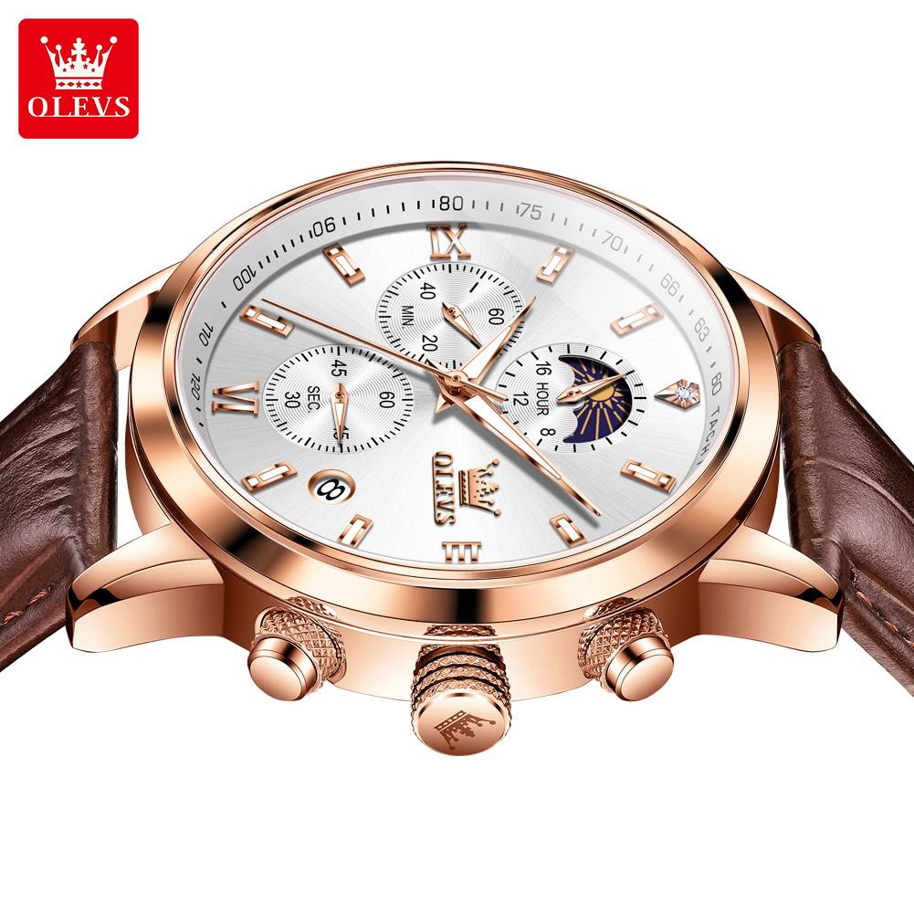 Wristwatches Genuine Leather Belt OLEVS 9812 Luminous Original Luxury Watches Men Waterproof Men's Quartz Moon Phase Sport Watch