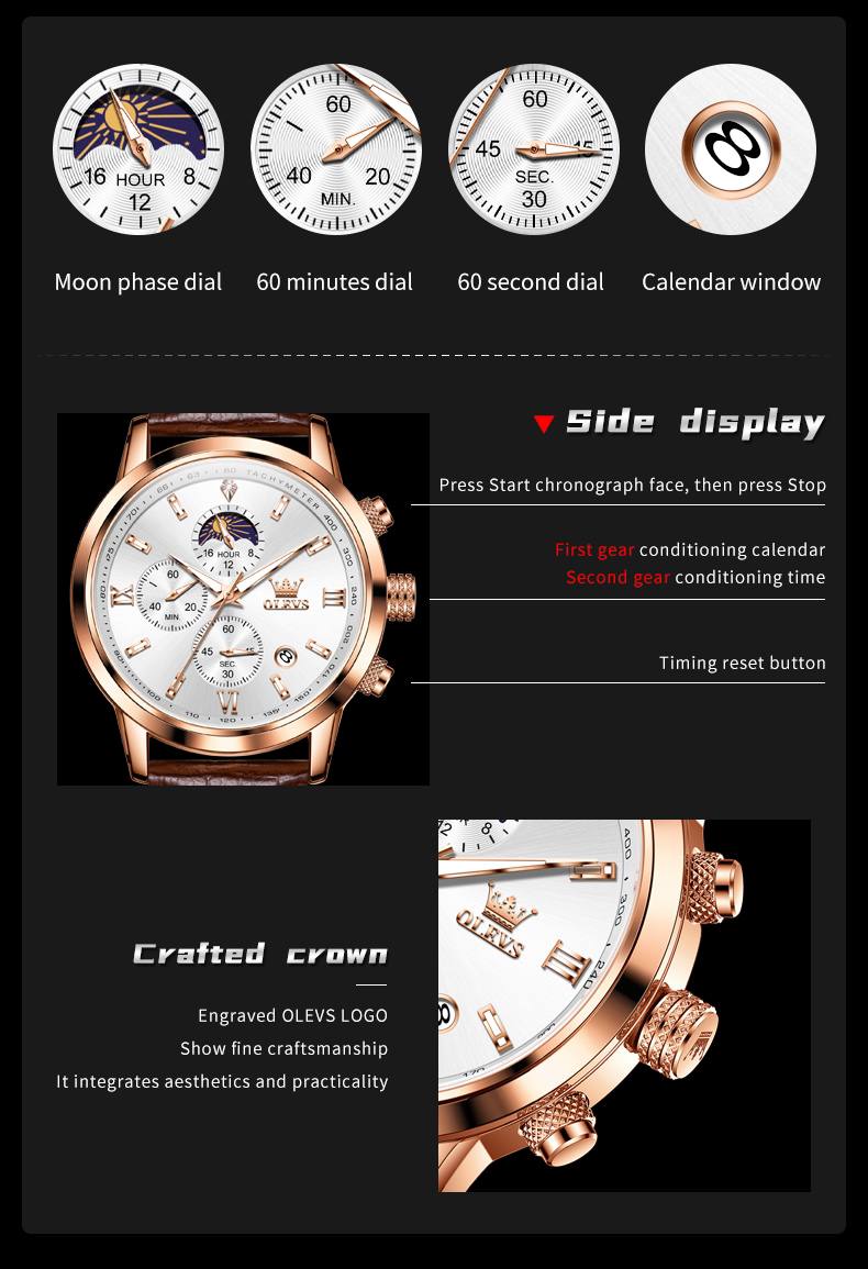 Wristwatches Genuine Leather Belt OLEVS 9812 Luminous Original Luxury Watches Men Waterproof Men's Quartz Moon Phase Sport Watch