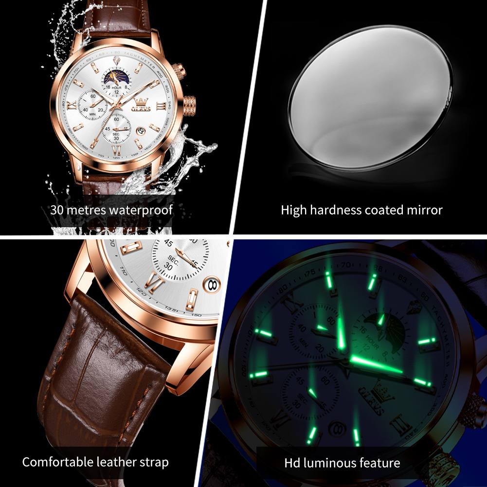 Wristwatches Genuine Leather Belt OLEVS 9812 Luminous Original Luxury Watches Men Waterproof Men's Quartz Moon Phase Sport Watch
