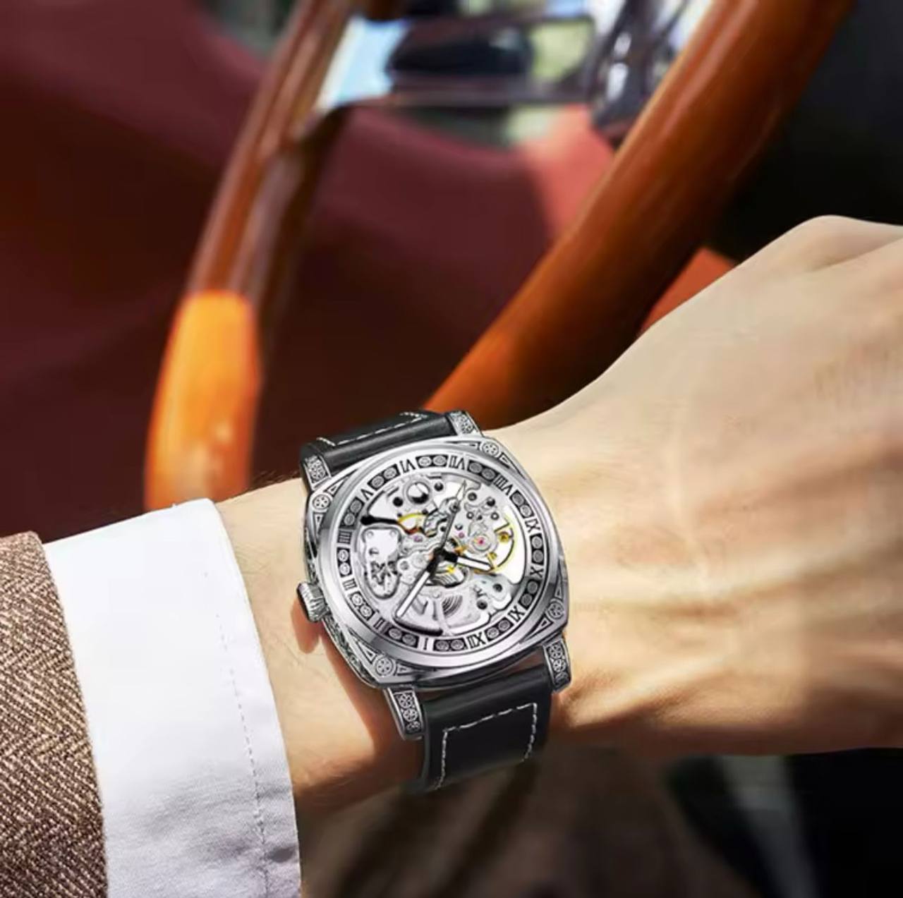FORSINING 8247 hot selling Automatic male mechanical watch leather Strap water proofing strap auto date business wrist watch