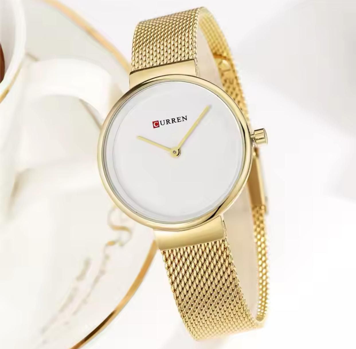 CURREN 9016 Golden Female Quartz Watch Hot Sale Mesh Band Waterproof Ultra Slim Minimalist Business Ladies Watch