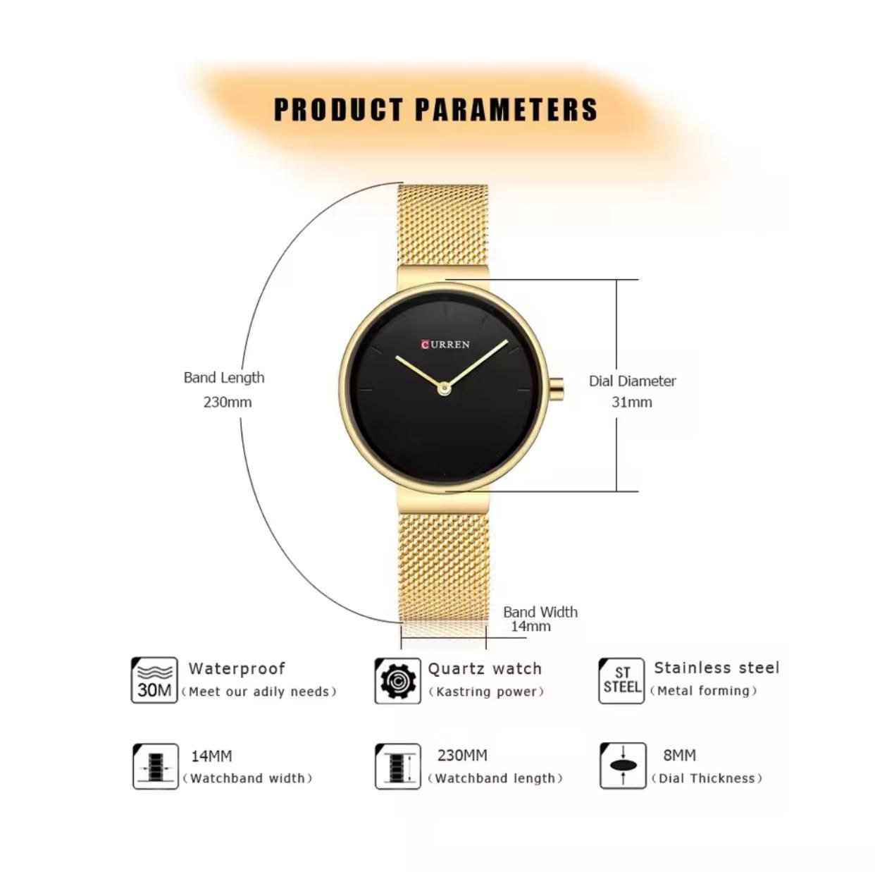CURREN 9016 Golden Female Quartz Watch Hot Sale Mesh Band Waterproof Ultra Slim Minimalist Business Ladies Watch