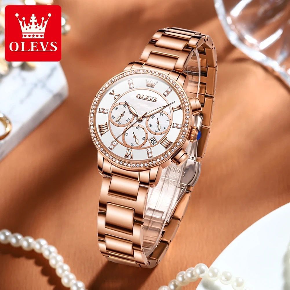 OLEVS 9976 New Diamond Watch for Women Stainless Steel Waterproof Luminous Multifunction Chronograph Quartz Watches