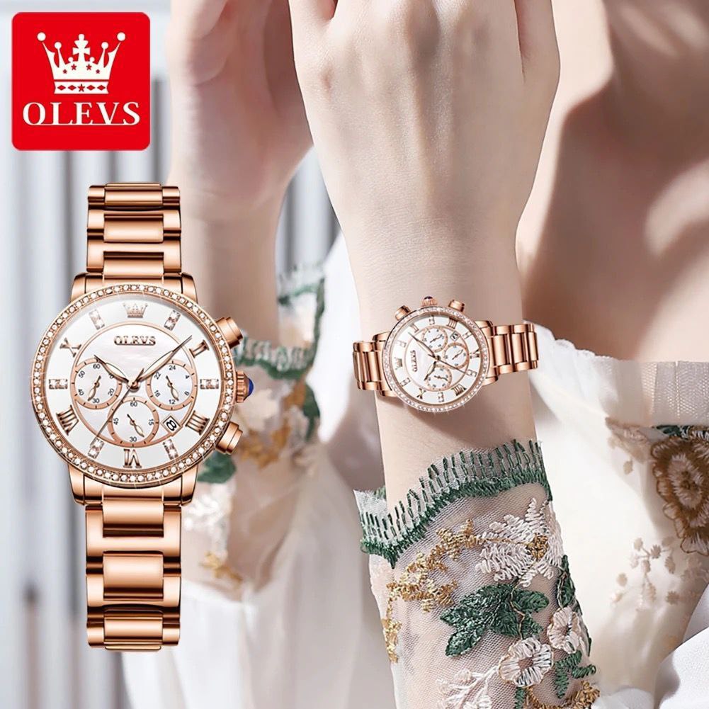 OLEVS 9976 New Diamond Watch for Women Stainless Steel Waterproof Luminous Multifunction Chronograph Quartz Watches