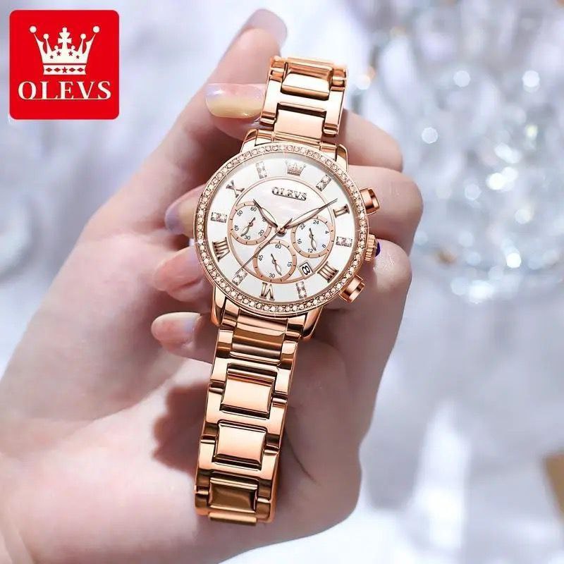 OLEVS 9976 New Diamond Watch for Women Stainless Steel Waterproof Luminous Multifunction Chronograph Quartz Watches