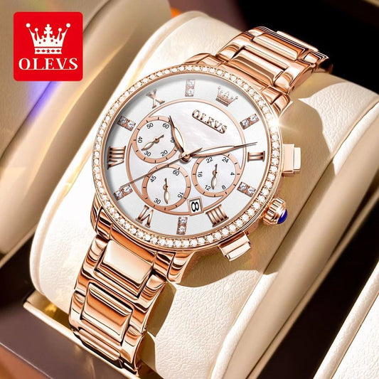 OLEVS 9976 New Diamond Watch for Women Stainless Steel Waterproof Luminous Multifunction Chronograph Quartz Watches