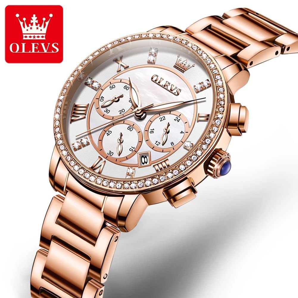 OLEVS 9976 New Diamond Watch for Women Stainless Steel Waterproof Luminous Multifunction Chronograph Quartz Watches