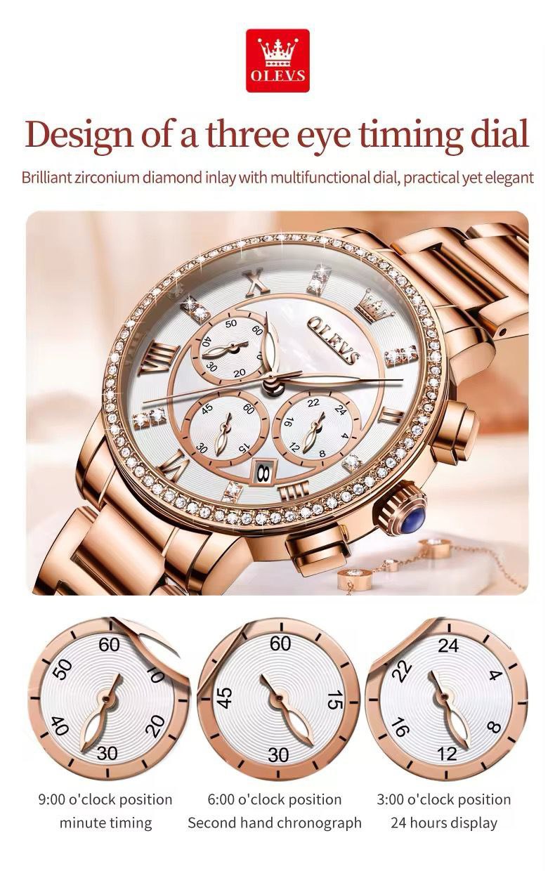 OLEVS 9976 New Diamond Watch for Women Stainless Steel Waterproof Luminous Multifunction Chronograph Quartz Watches