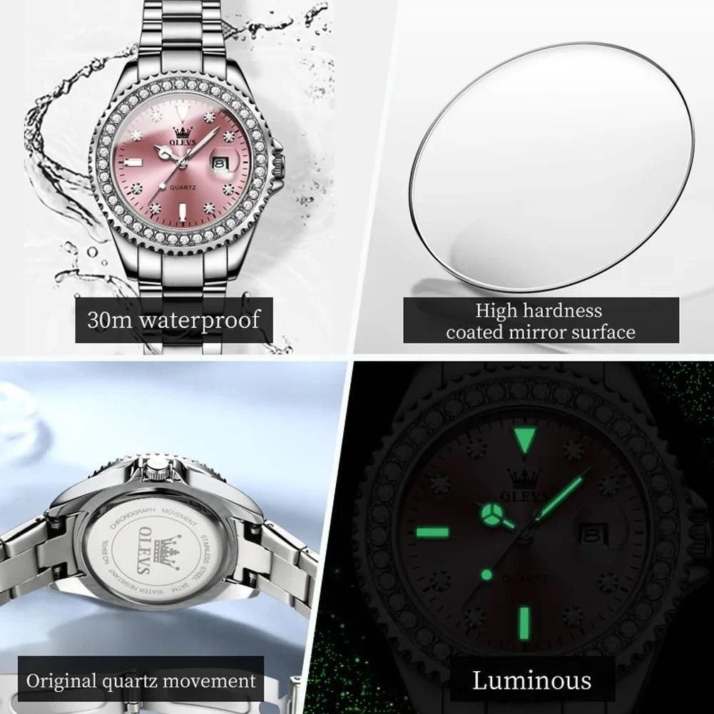 New OLEVS 9945 Original Diamond Dial Quartz Watch for Women Fashion Elegant Ladies Stainless Steel Waterproof Women's Wristwatch