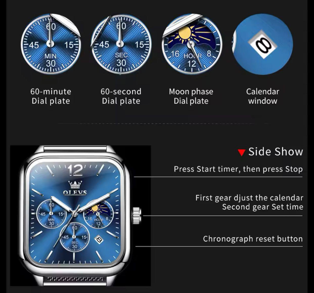 Men's Watches Casual Fashion Original Quartz Wristwatch OLEVS 9914 Waterproof Mesh Strap Moon Phase Chronograph Watch For Man