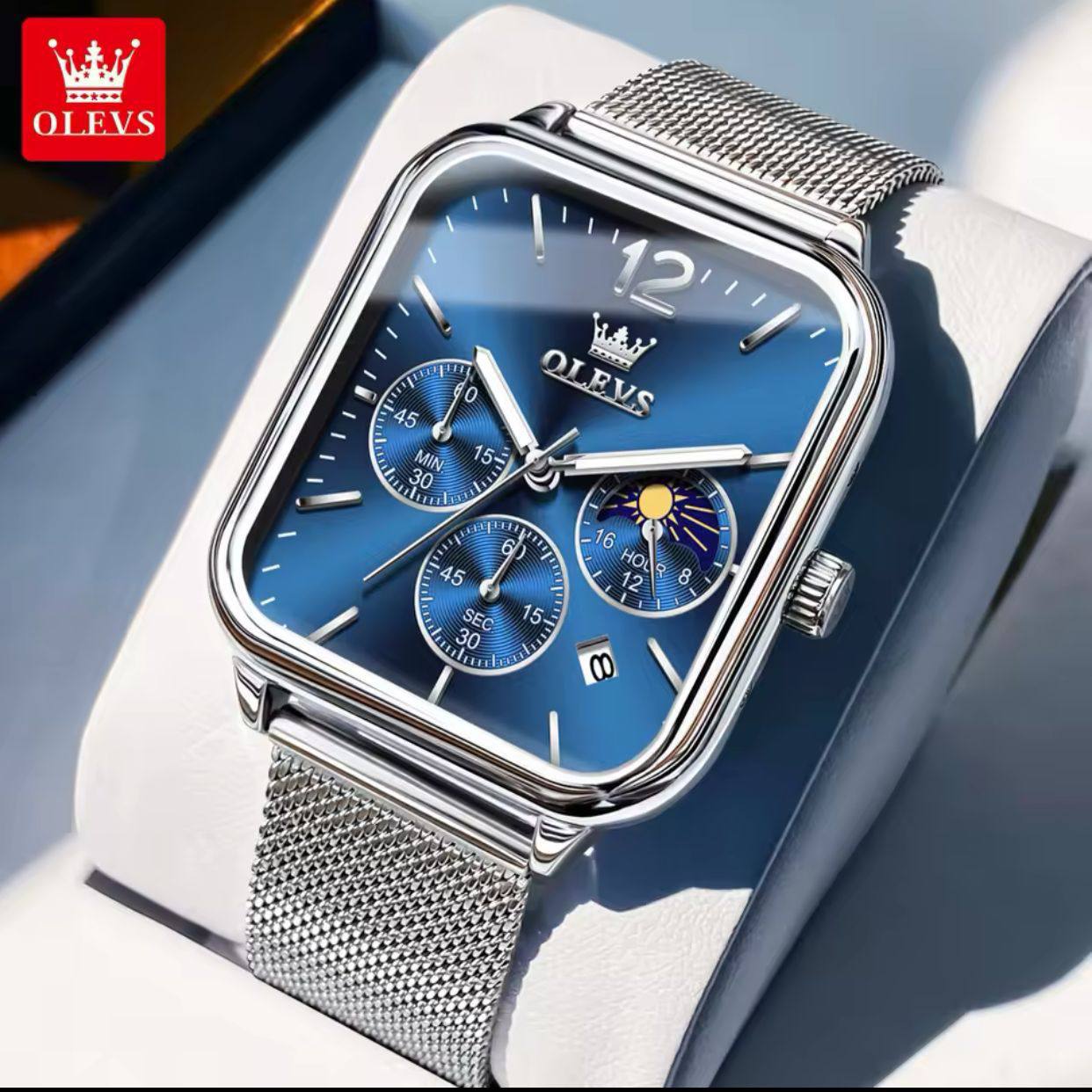 Fashion Quartz Wristwatch OLEVS 9914 Mesh Steel Men's Watches Original Waterproof Luminous Moon Phase Chronograph Square Watch