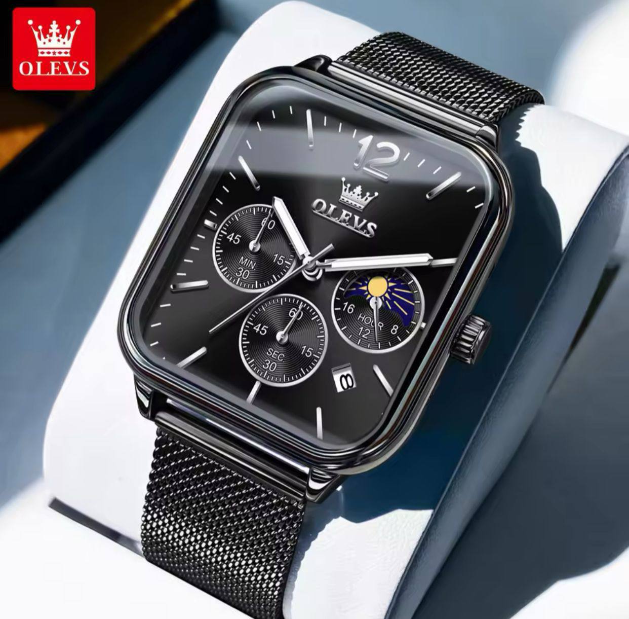 Fashion Quartz Wristwatch OLEVS 9914 Mesh Steel Men's Watches Original Waterproof Luminous Moon Phase Chronograph Square Watch