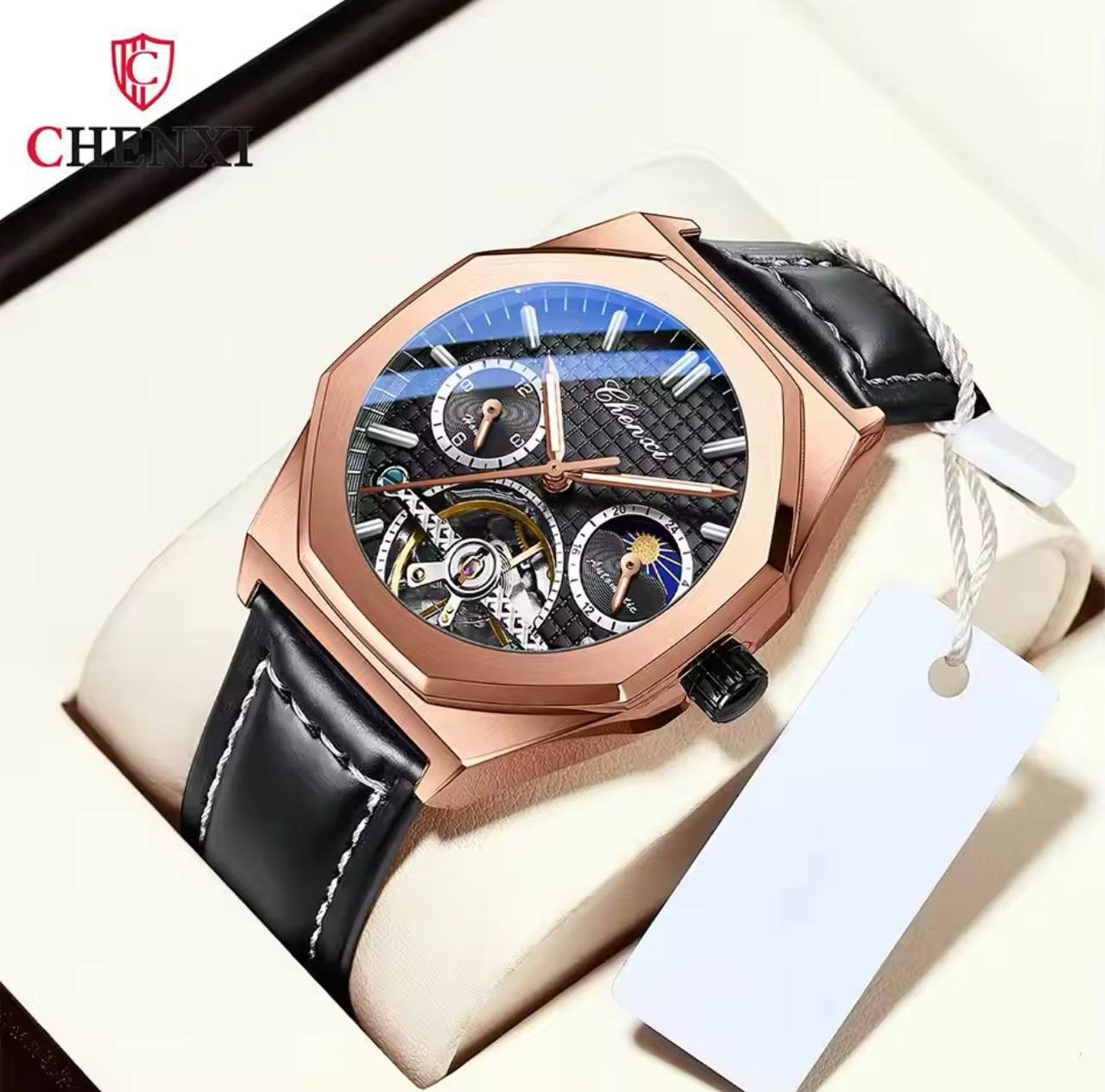 Men Tourbillon Watches Luxury Casual Fashion skeleton Automatic Mechanical CHENXI 8814 Wristwatch Male Moon Phase