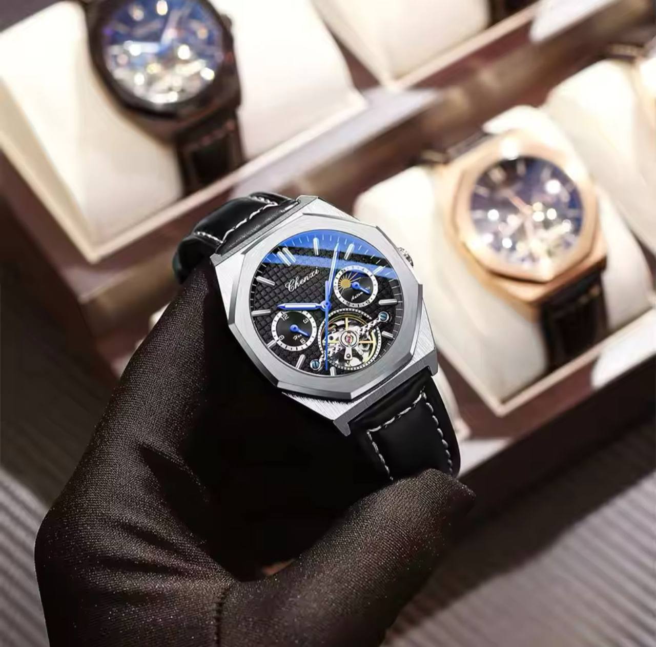 Men Tourbillon Watches Luxury Casual Fashion skeleton Automatic Mechanical CHENXI 8814 Wristwatch Male Moon Phase