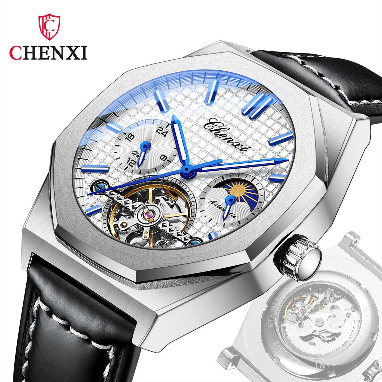 Men Tourbillon Watches Luxury Casual Fashion skeleton Automatic Mechanical CHENXI 8814 Wristwatch Male Moon Phase