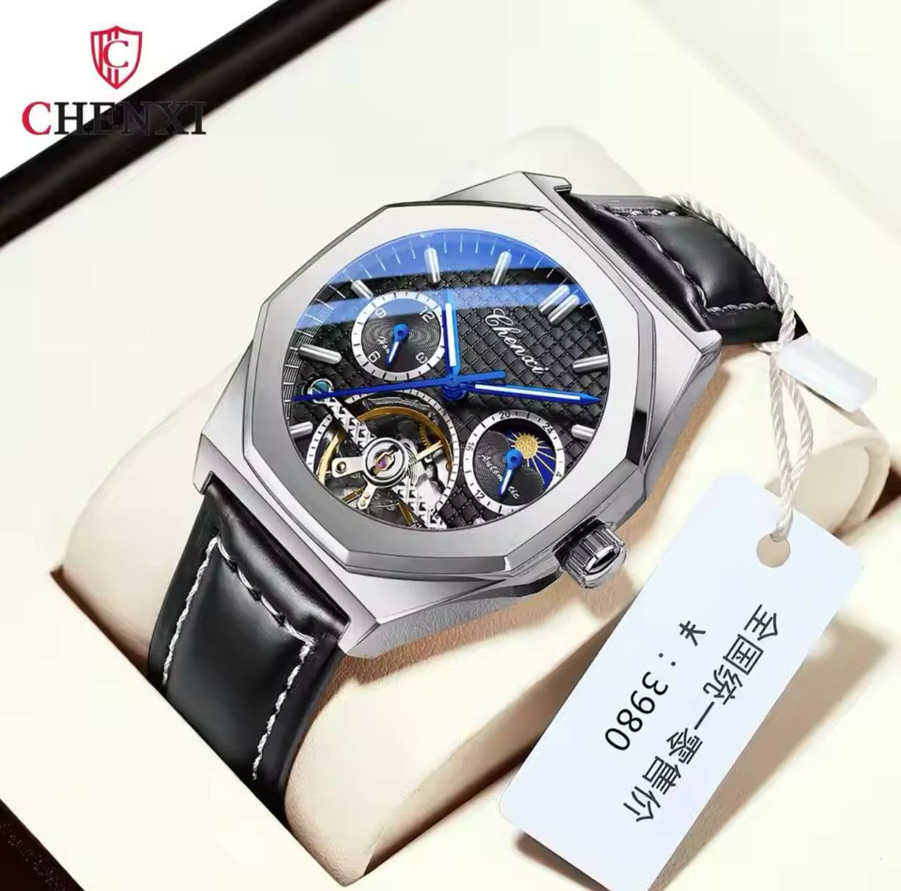Men Tourbillon Watches Luxury Casual Fashion skeleton Automatic Mechanical CHENXI 8814 Wristwatch Male Moon Phase