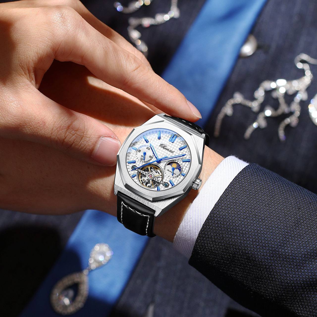 Men Tourbillon Watches Luxury Casual Fashion skeleton Automatic Mechanical CHENXI 8814 Wristwatch Male Moon Phase