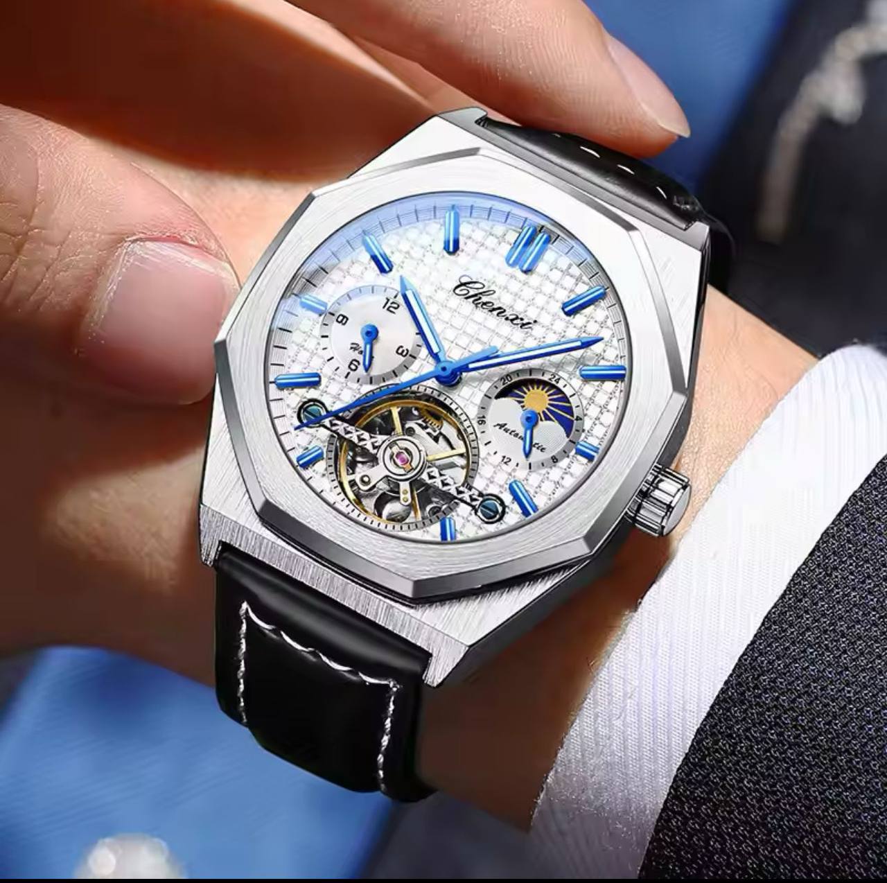 Men Tourbillon Watches Luxury Casual Fashion skeleton Automatic Mechanical CHENXI 8814 Wristwatch Male Moon Phase