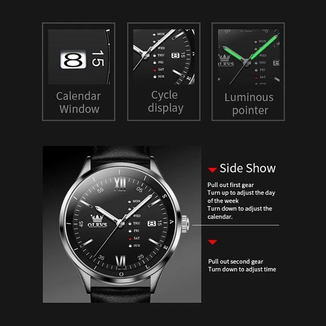 Quartz Fashion OLEVS 2931 Watch Gift Leather Watchband Round-dial Calendar