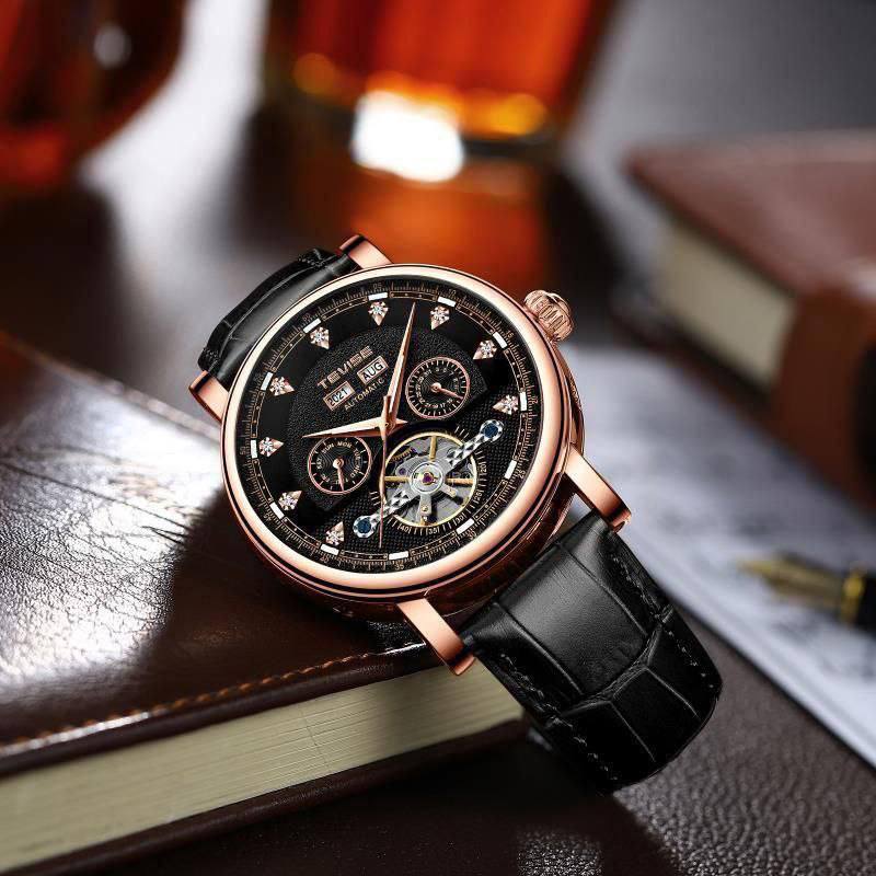 Mechanical Automatic Leather TEVISE T867C Wristwatch Year Display Men 30 ATM Waterproof Automatic Leather Diamond Dial Design Mechanical watch
