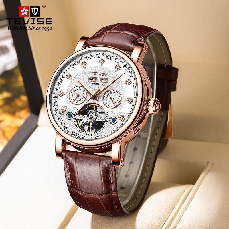 Mechanical Automatic Leather TEVISE T867C Wristwatch Year Display Men 30 ATM Waterproof Automatic Leather Diamond Dial Design Mechanical watch