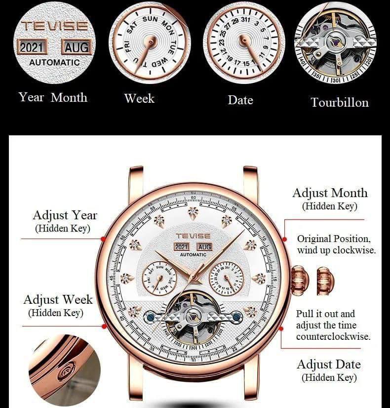 Mechanical Automatic Leather TEVISE T867C Wristwatch Year Display Men 30 ATM Waterproof Automatic Leather Diamond Dial Design Mechanical watch