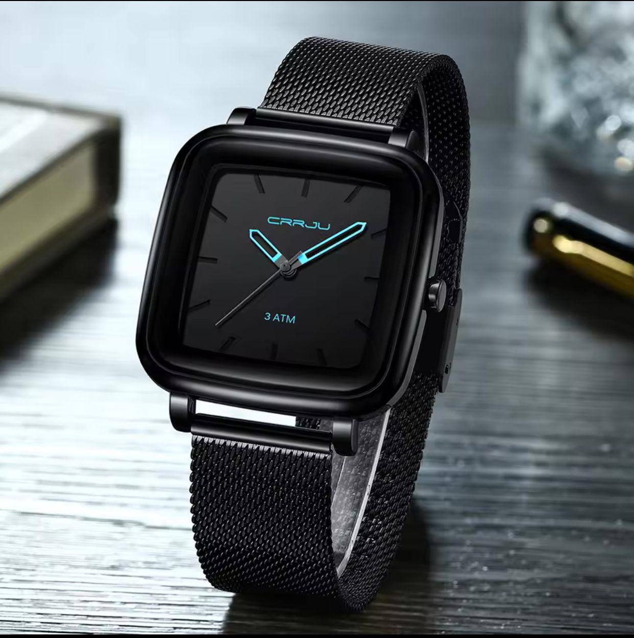 3ATM Waterproof CRRJU 2199 Fashion New Design Quartz Watch Men Square Dial Mesh Strap Wristwatch Men's Watches
